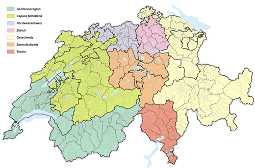 Harta cu regiunile din Elvetia